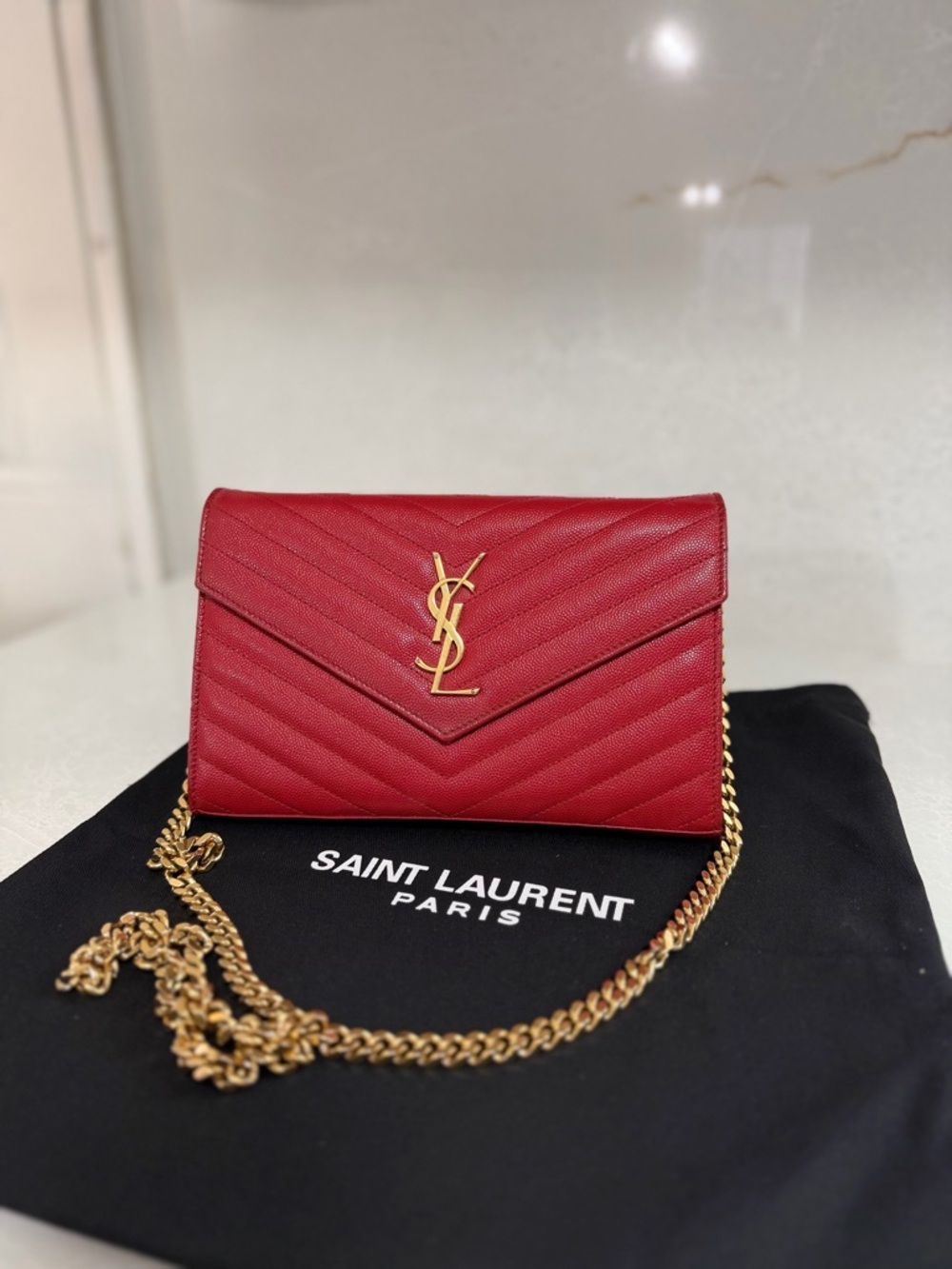 Saint Laurent Red Quilted Envelope Wallet with Gold Chain - Picture 3 of 3